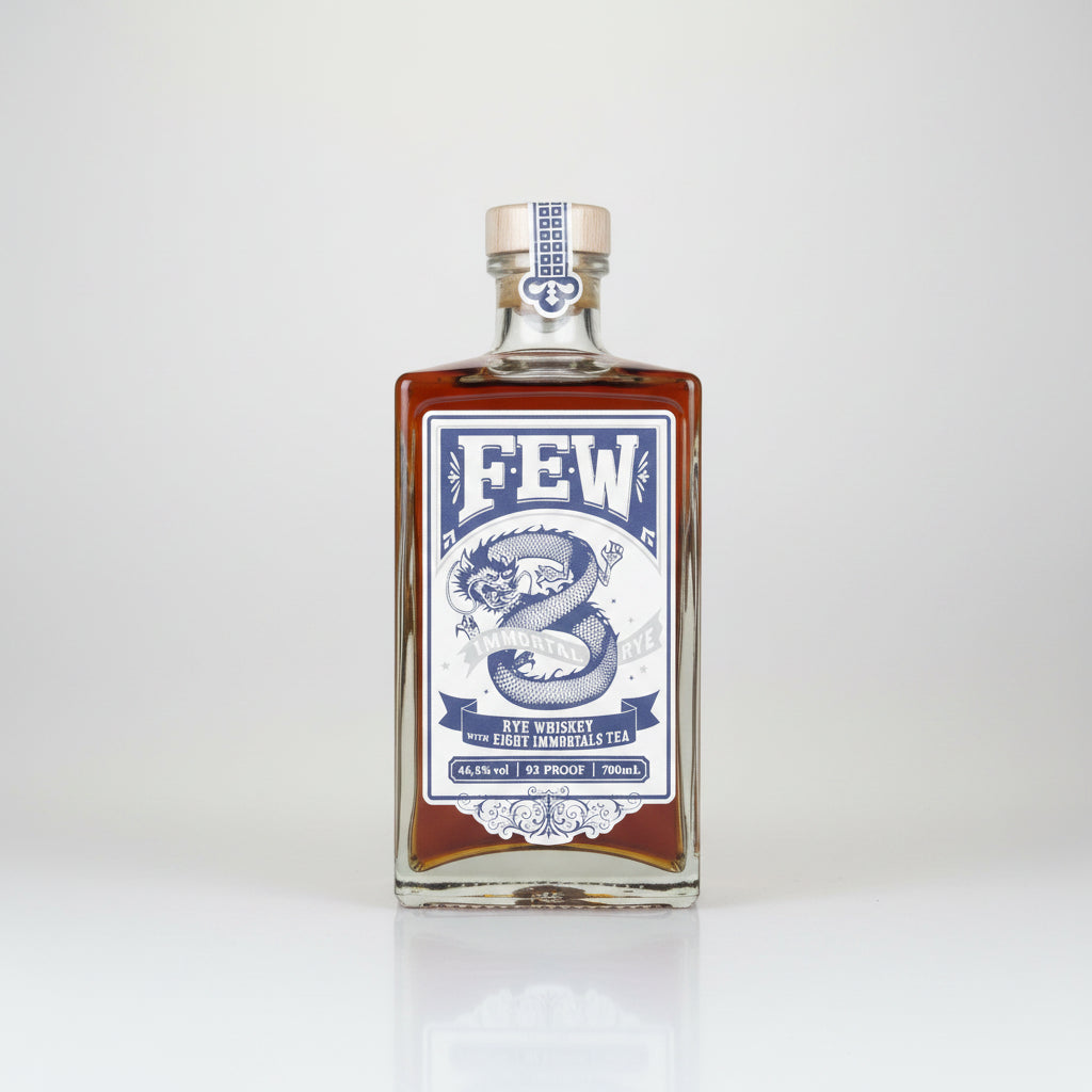 Bottle of Few Rye Whiskey with a blue and white label on a white background
