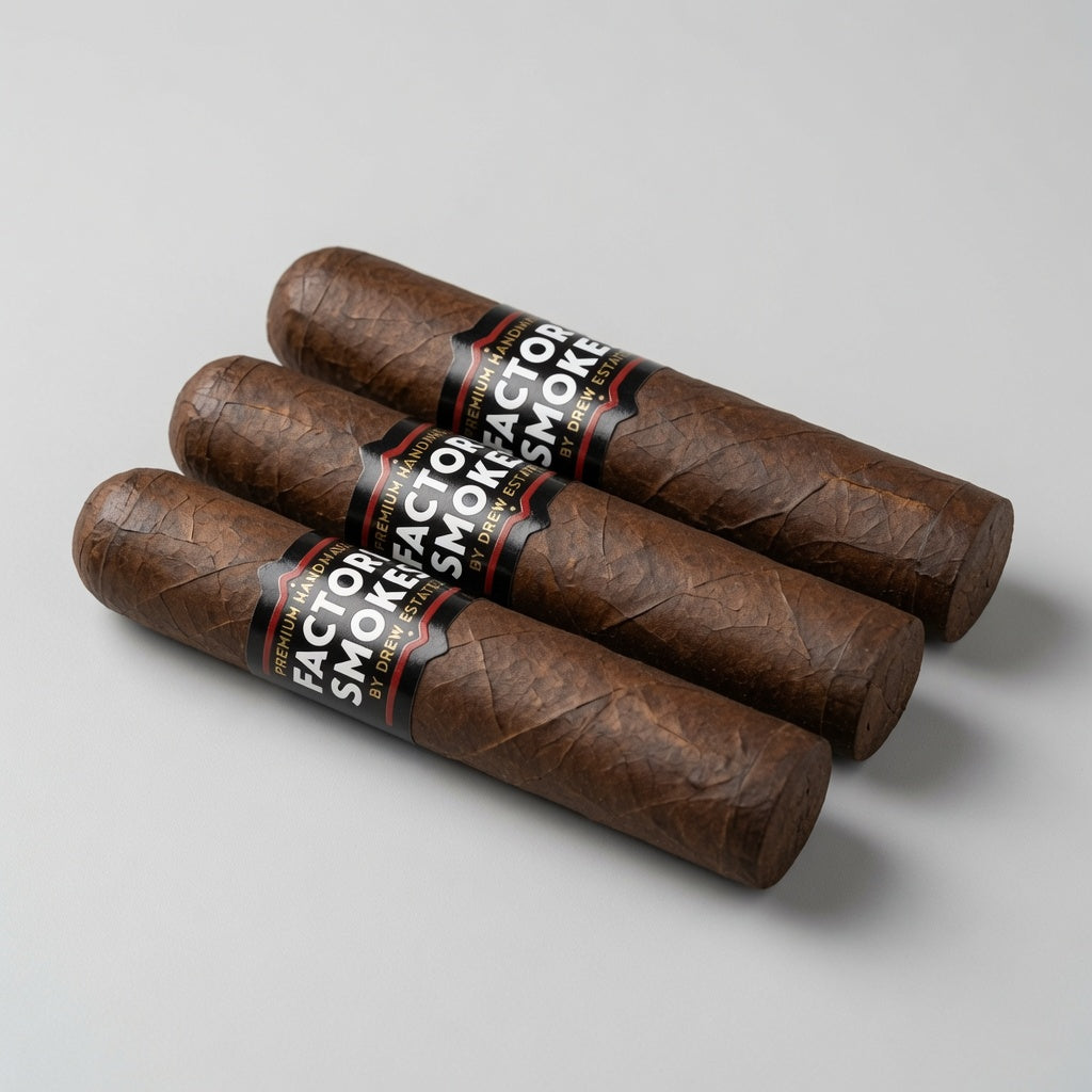 Four brown cigars with black and white bands reading 'FACTION SMOKES' arranged diagonally on a light gray background.