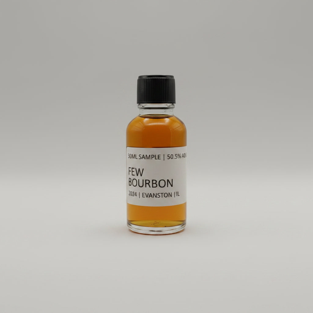 Small bottle of FEW bourbon on a white background