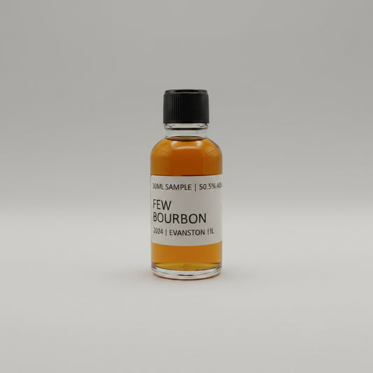 Small bottle of FEW bourbon on a white background