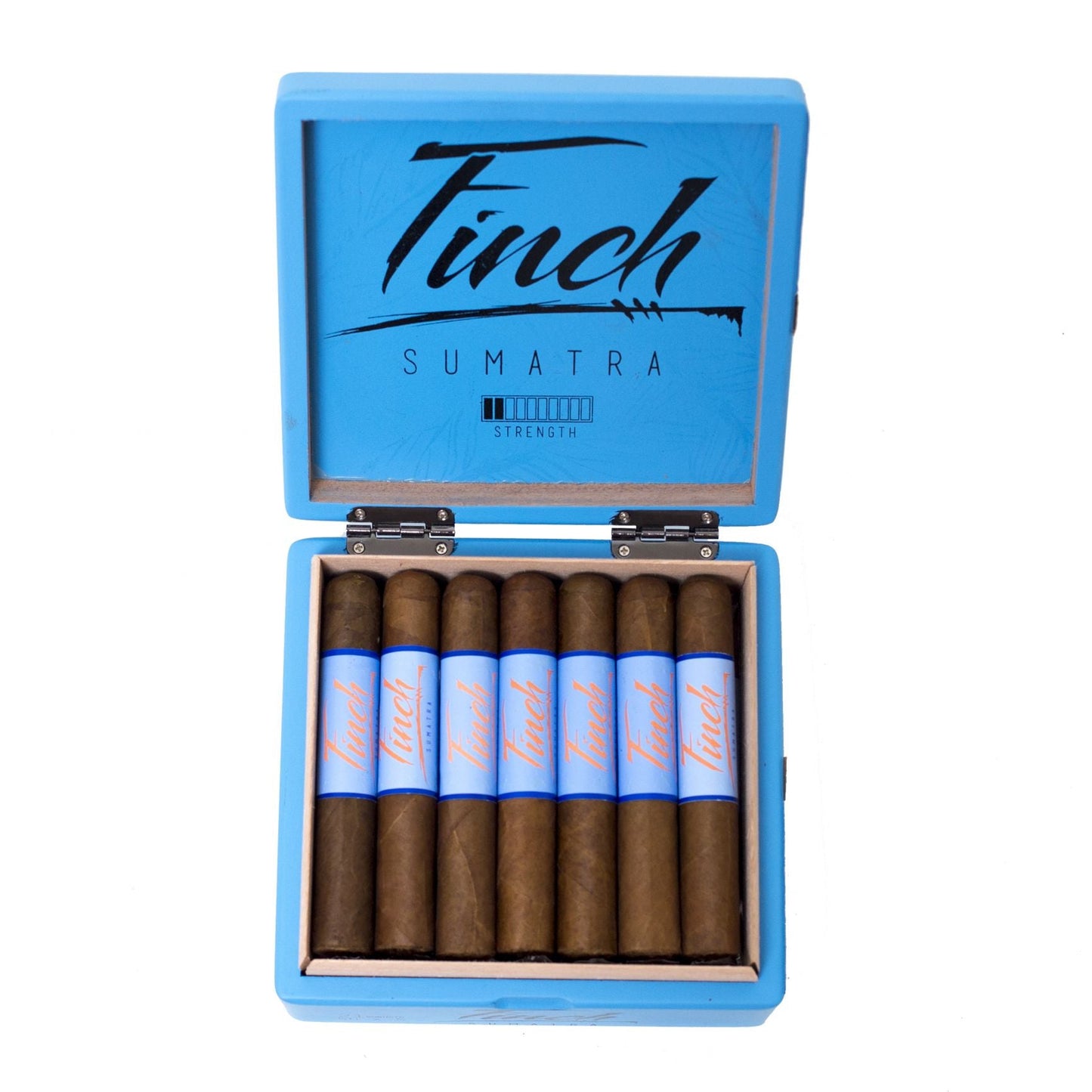 Open blue box of Finch Sumatra cigars on a white background