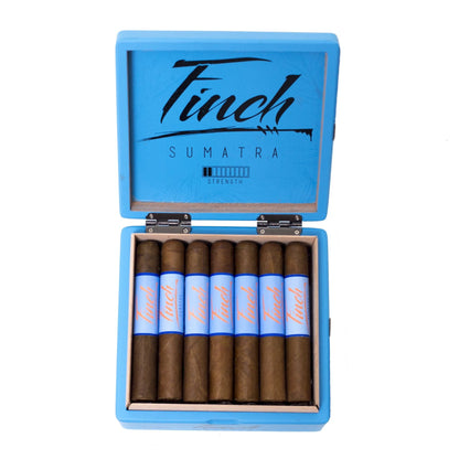 Open blue box of Finch Sumatra cigars on a white background