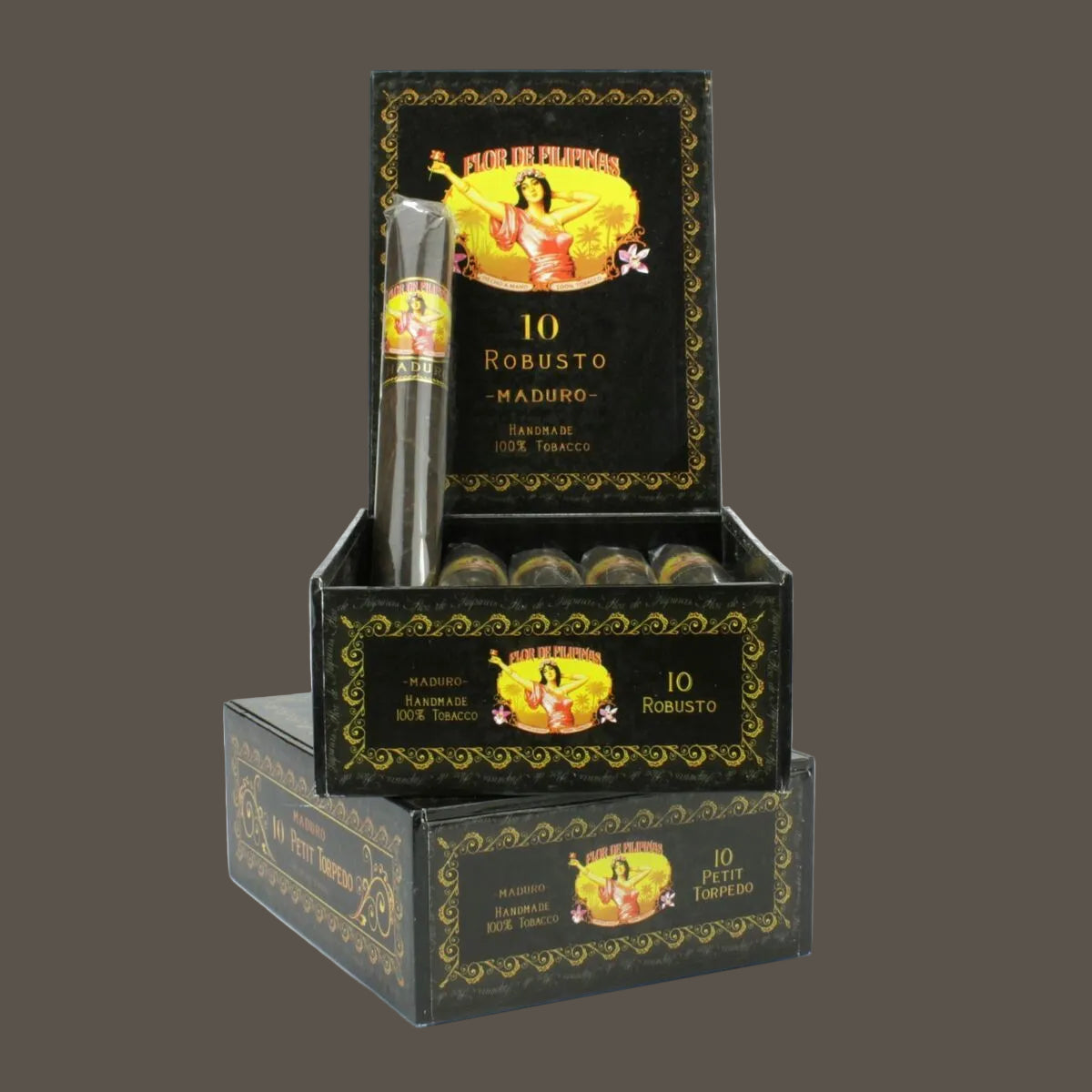 Packaged cigars with decorative box on a white background