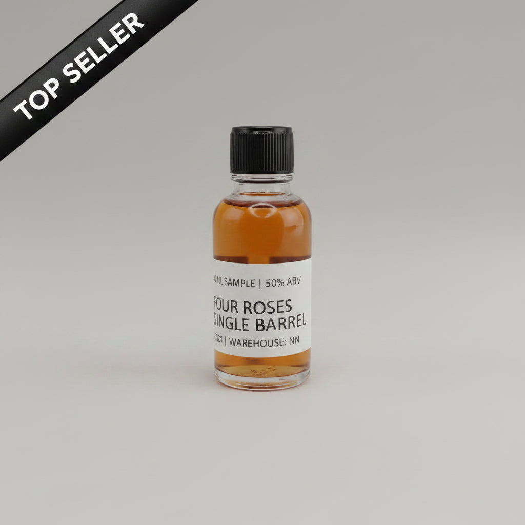 Small bottle of Four Roses Single Barrel whiskey on a beige background