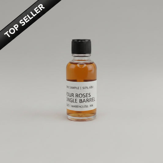 Small bottle of Four Roses Single Barrel whiskey on a beige background