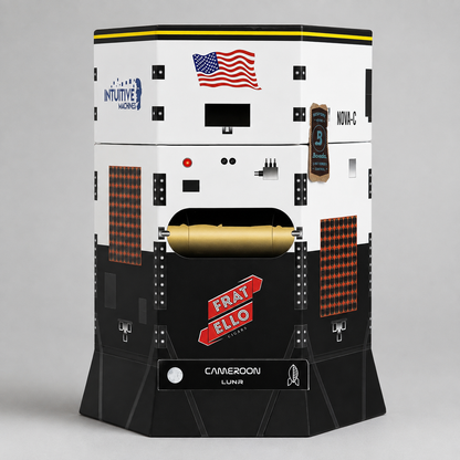 A novelty capsule-shaped vending machine styled like a spacecraft module, featuring a white and black body with red, blue, and gold details, including a faux American flag and 'Frat Ello' logo.