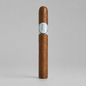 A single brown cigar standing upright on a light gray background, featuring a silver band with a colorful iridescent map design in the center.