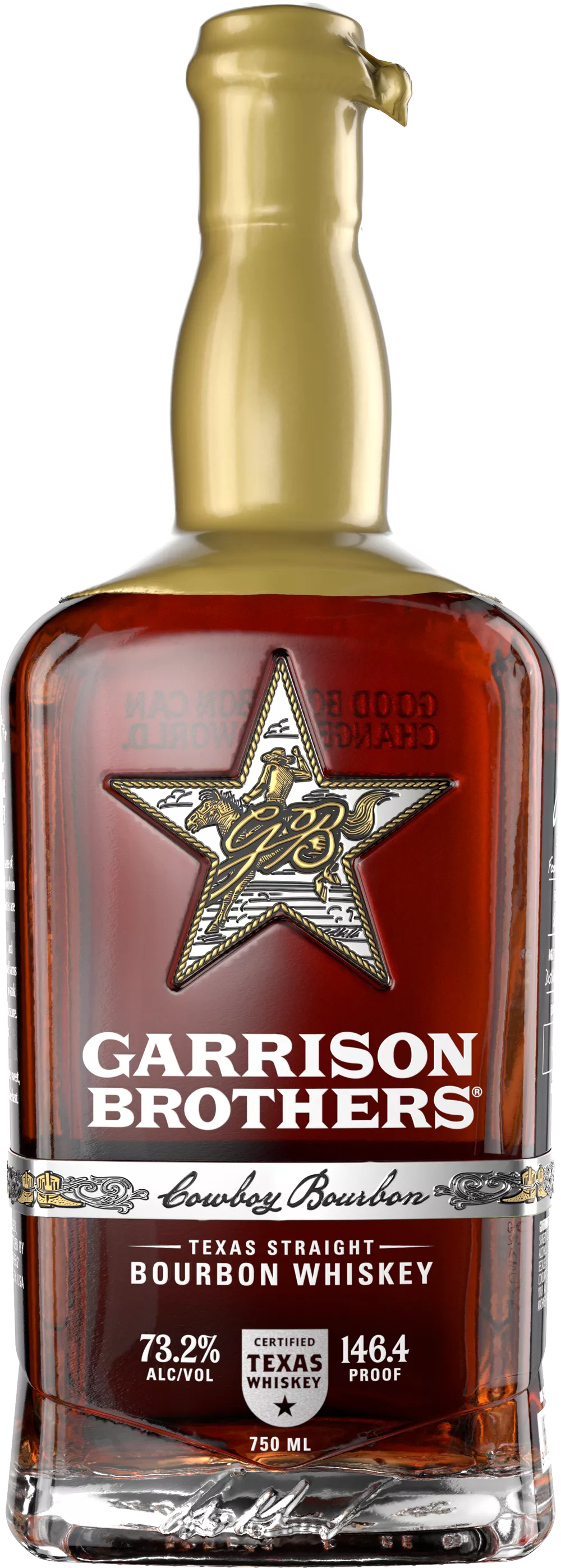 Bottle of Garrison Brothers Texas Straight Bourbon Whiskey with a gold cap and star logo.