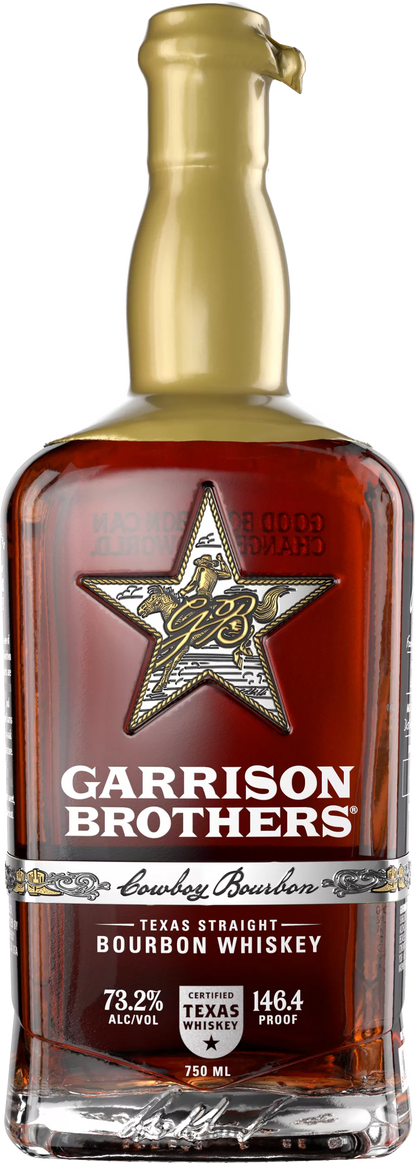Bottle of Garrison Brothers Texas Straight Bourbon Whiskey with a gold cap and star logo.