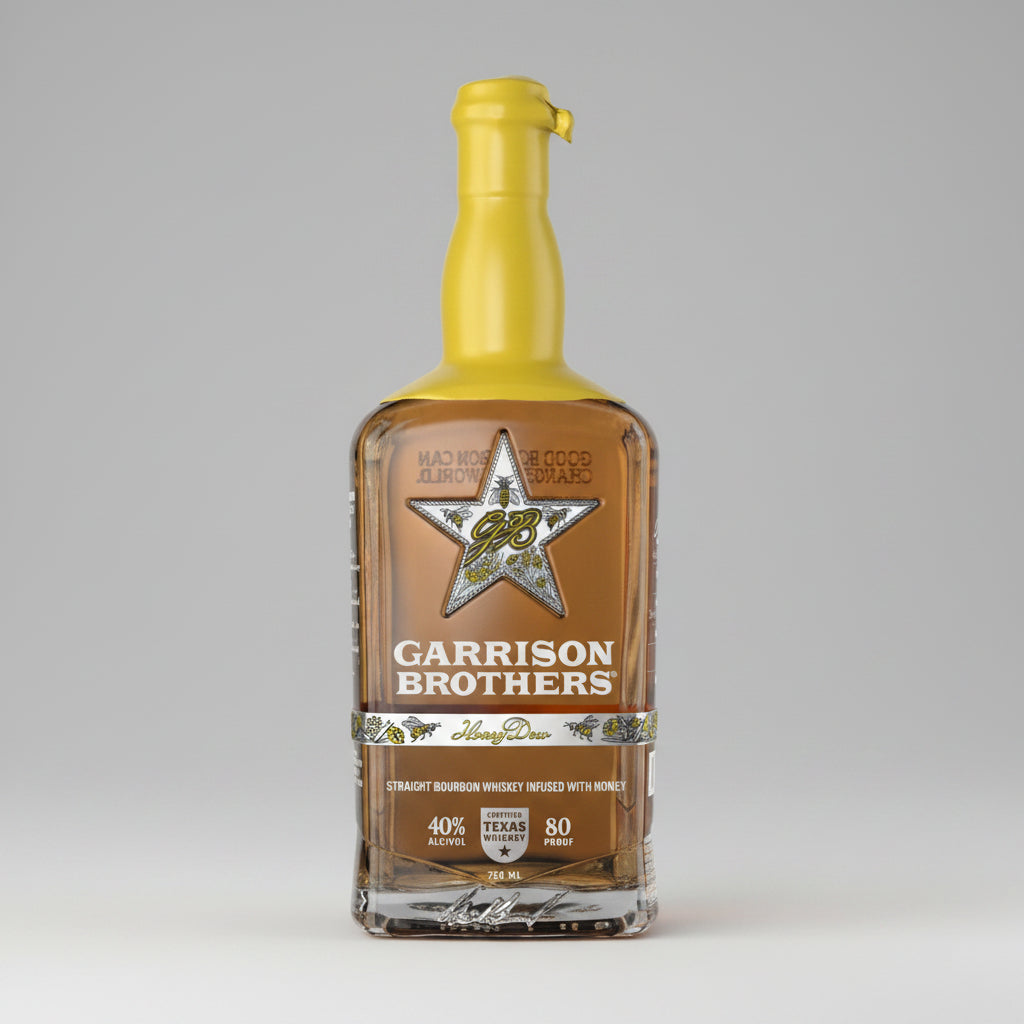 Bottle of Garrison Brothers Honey Driz bourbon whiskey with a star label.