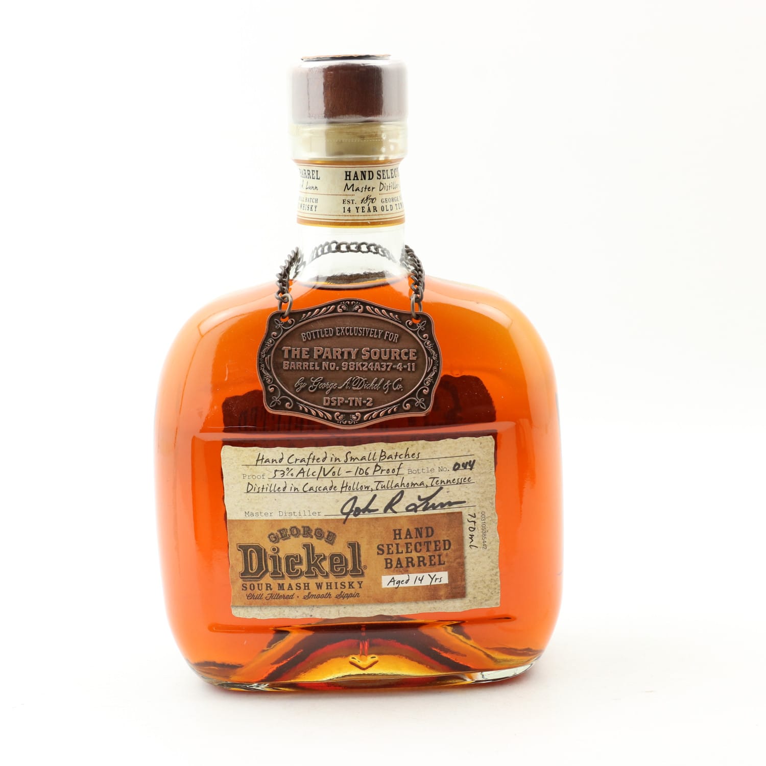 Bottle of George Dickel sour mash whiskey on a white background