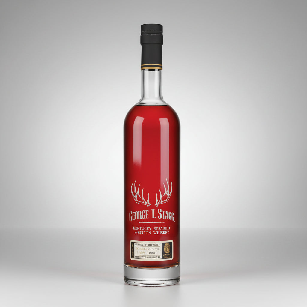 Bottle of George T. Stagg Kentucky Straight Bourbon Whiskey on a white background