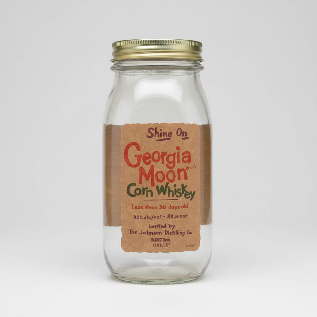 A clear glass jar with a metal screw-top lid containing a brown powder, featuring a paper label that reads 'Shine On Georgia Moon Brand Corn Whiskey' on a white background.
