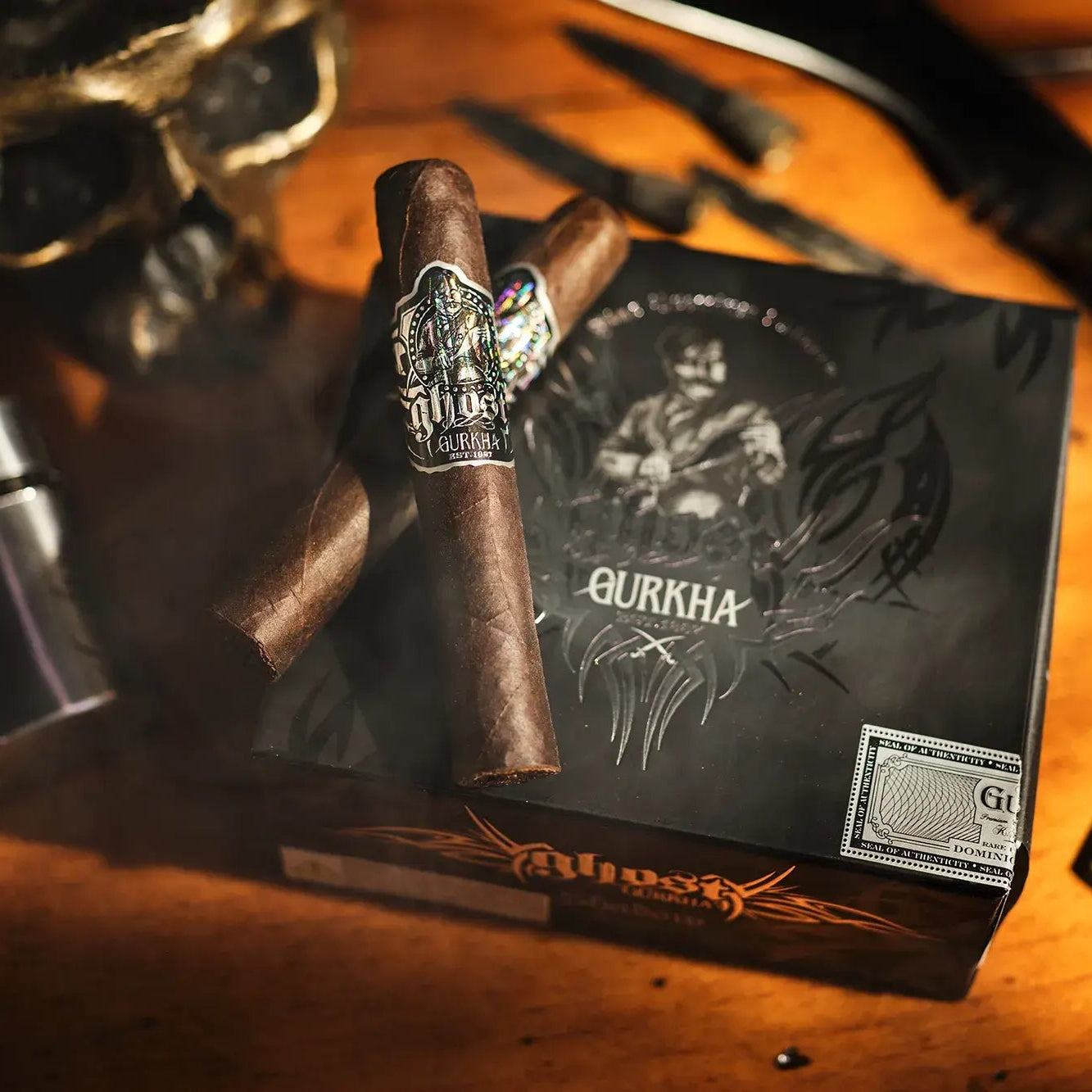 Gurkha cigars with packaging on a wooden surface