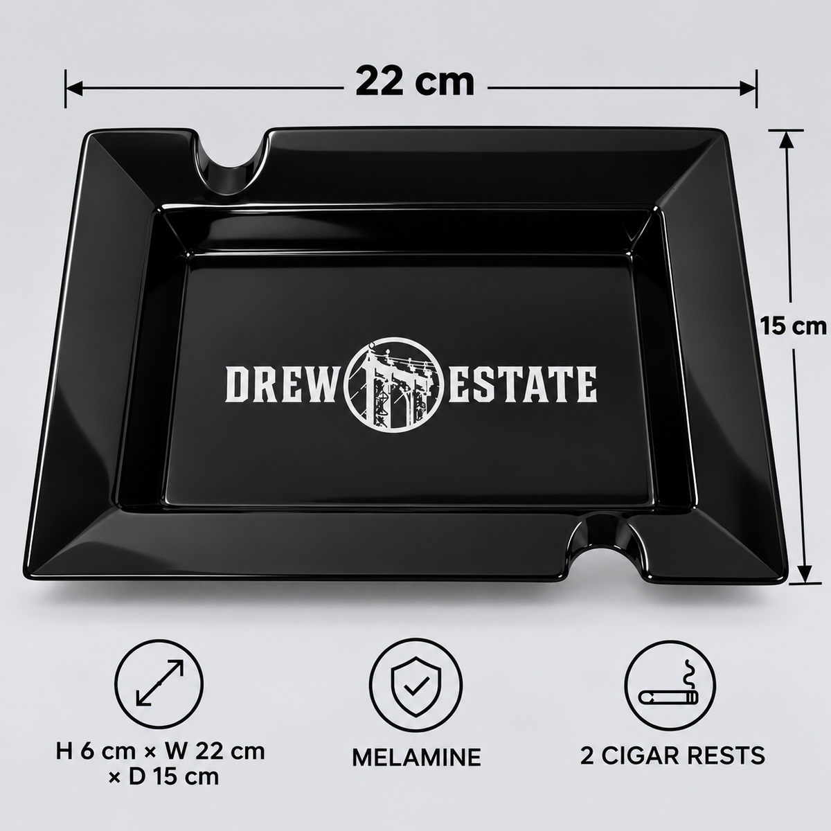 Official Drew Estate Black Melamine Ashtray | 2 Rests