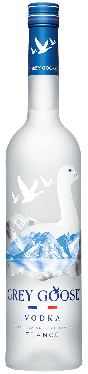 Grey Goose vodka bottle with blue label and mountain design