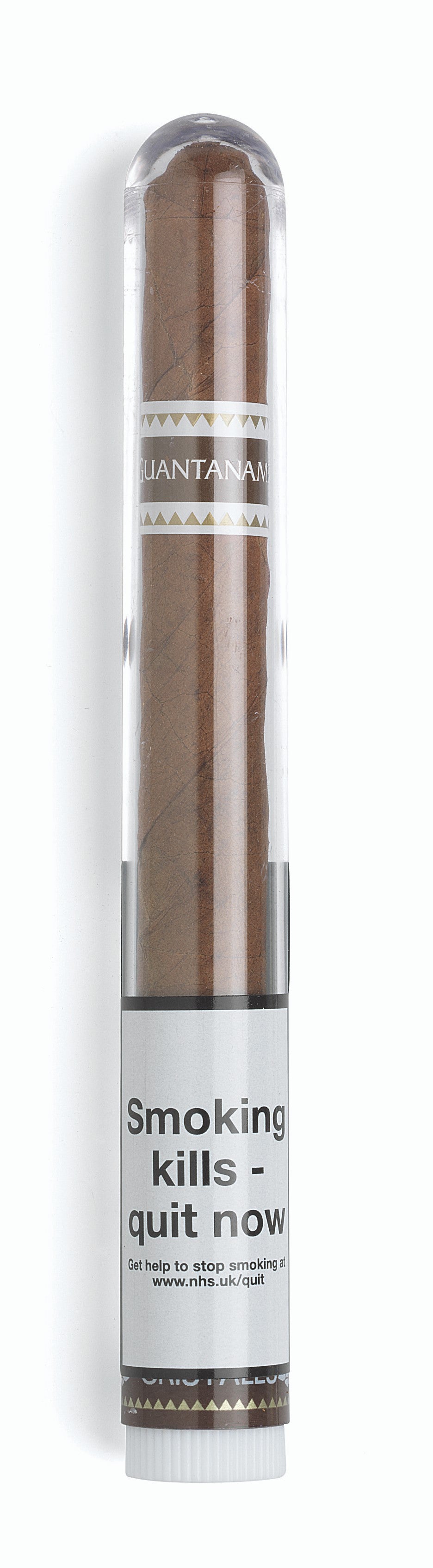 Cigar in a transparent tube with branding and health warning text on a white background