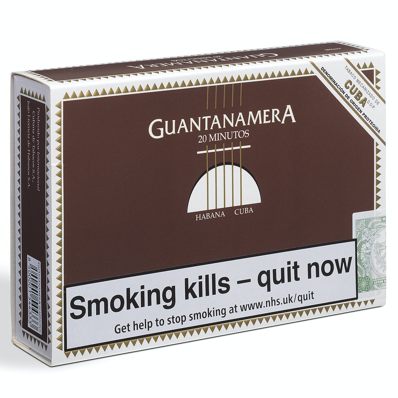 Guantanamera Habana Cuba cigarette pack with warning label on a white background