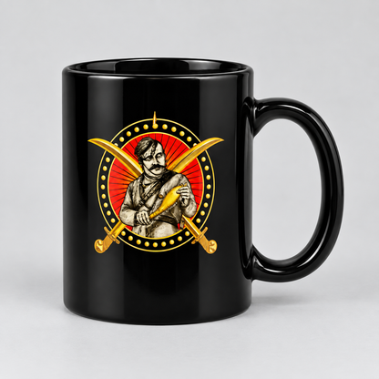A glossy black ceramic mug featuring a circular graphic print of a man holding a yellow object, surrounded by two crossed gold swords and a red sunburst background.