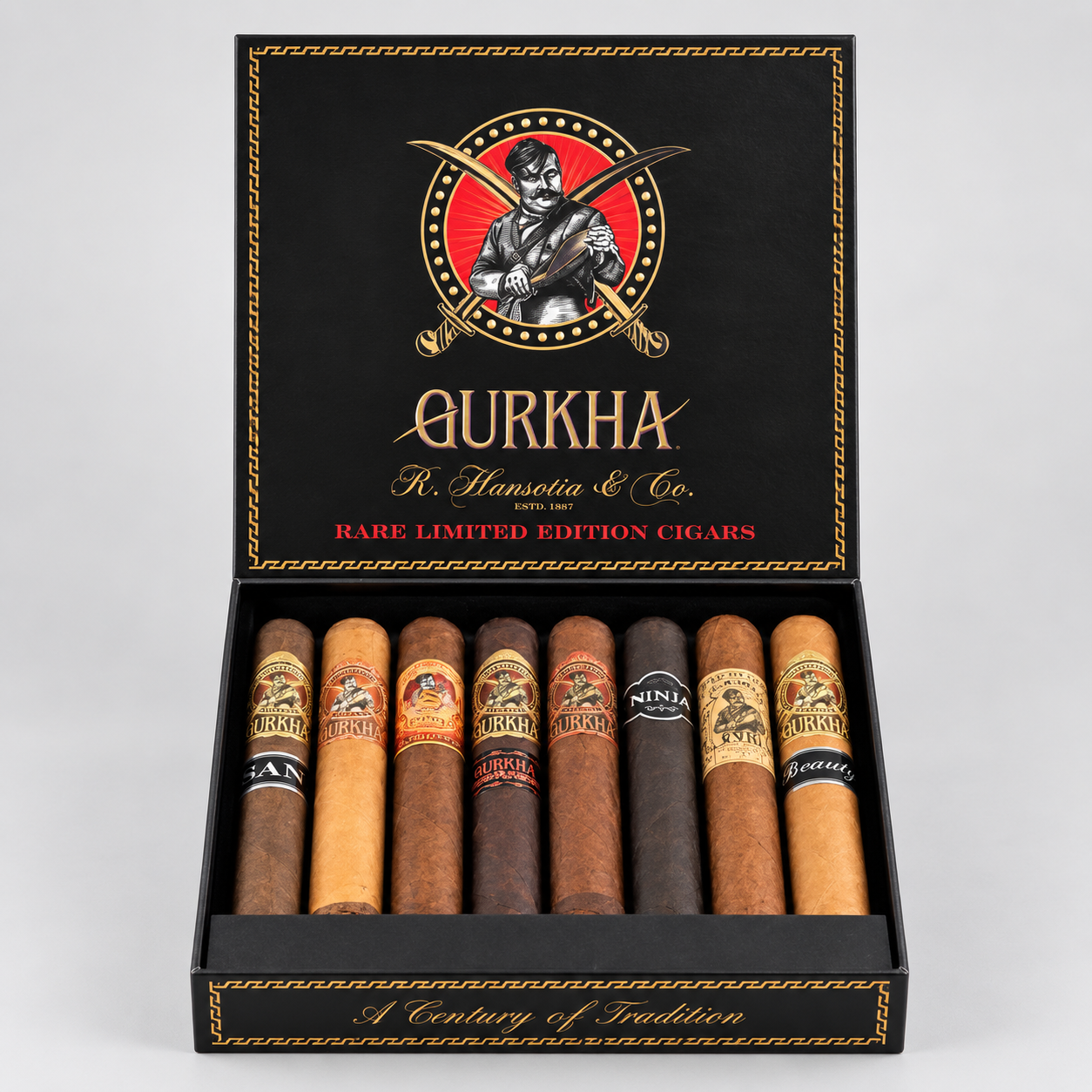 An open black Qurkha cigar box displaying eight assorted cigars in different shades from light tan to dark brown, set against a neutral light gray background.