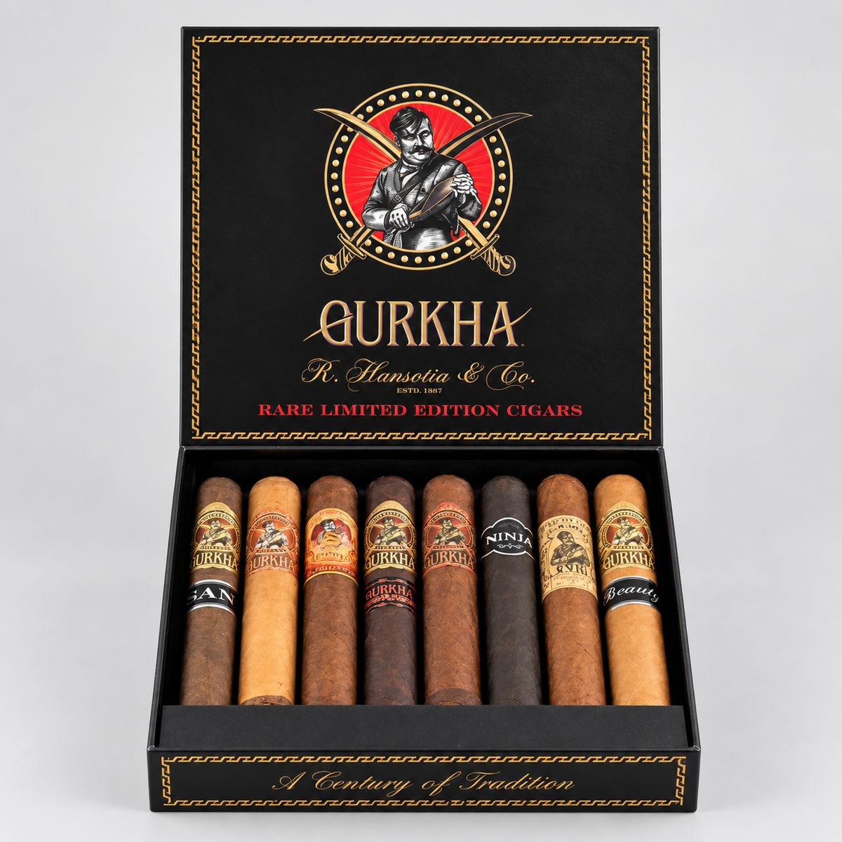 An open black Qurkha cigar box displaying eight assorted cigars in different shades from light tan to dark brown, set against a neutral light gray background.