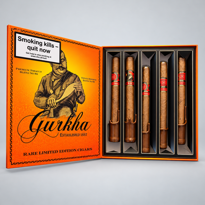 An open orange cigar gift box labeled Gurkha Rare Limited Edition Cigars, showing five cigars inside black slots on the right and illustrated packaging on the left, photographed on a light gray background.