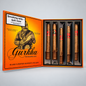 An open orange cigar gift box labeled Gurkha Rare Limited Edition Cigars, showing five cigars inside black slots on the right and illustrated packaging on the left, photographed on a light gray background.
