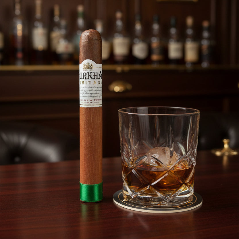 Gurkha Heritage cigar with a green tip on a white background