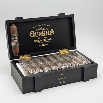 Box of Gurkha Manduro 15 Year aged cigars on stufdio white background