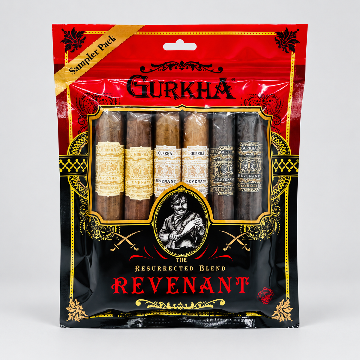 A package of Gurkha Resurrected Blend Revenant cigar sampler pack, containing five cigars in a red and black bag with gold accents.