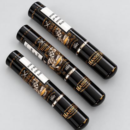 Three black cylindrical pens with gold and white branding and an illustrated label, arranged diagonally on a light gray background.