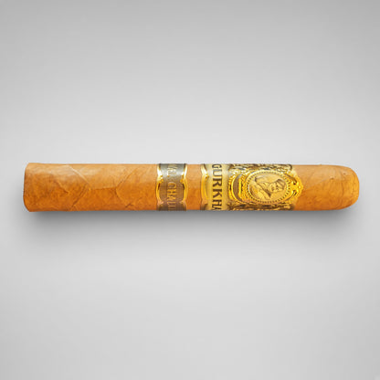 A single orange-brown cigar with a gold and silver band, featuring the brand name 'COQUIMBE' and a crest, set against a neutral light gray background.