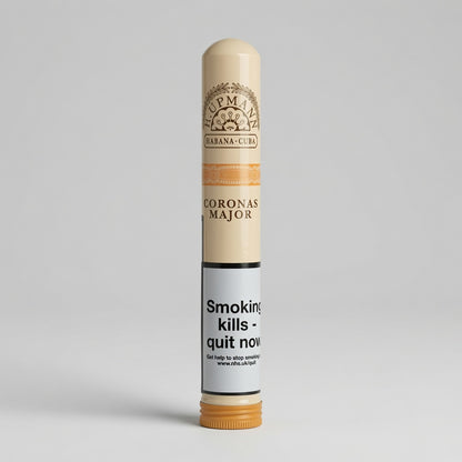 A single Corona's Major cigar in a cream-colored paper sleeve with a gold cap and base, featuring the 'Coronas Major' branding and a prominent 'Smoking kills - quit now' health warning label on a light gray background.