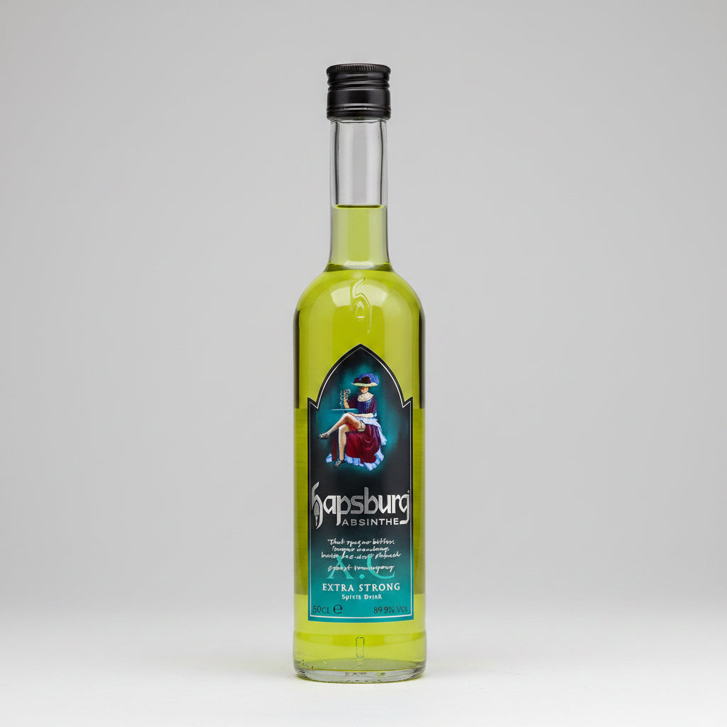 A bottle of Kapsburg Absinthe Original Extra Strong liquid with a black cap and a dark blue label featuring a character illustration.