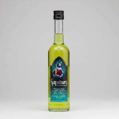 A bottle of Kapsburg Absinthe Original Extra Strong liquid with a black cap and a dark blue label featuring a character illustration.