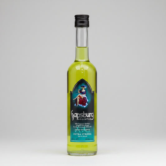 A bottle of Kapsburg Absinthe Original Extra Strong liquid with a black cap and a dark blue label featuring a character illustration.