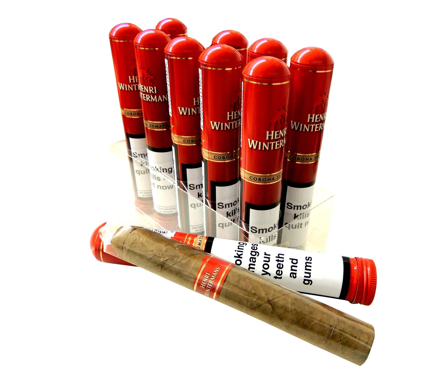 Red and white tubes with a cigar-like product on a white background