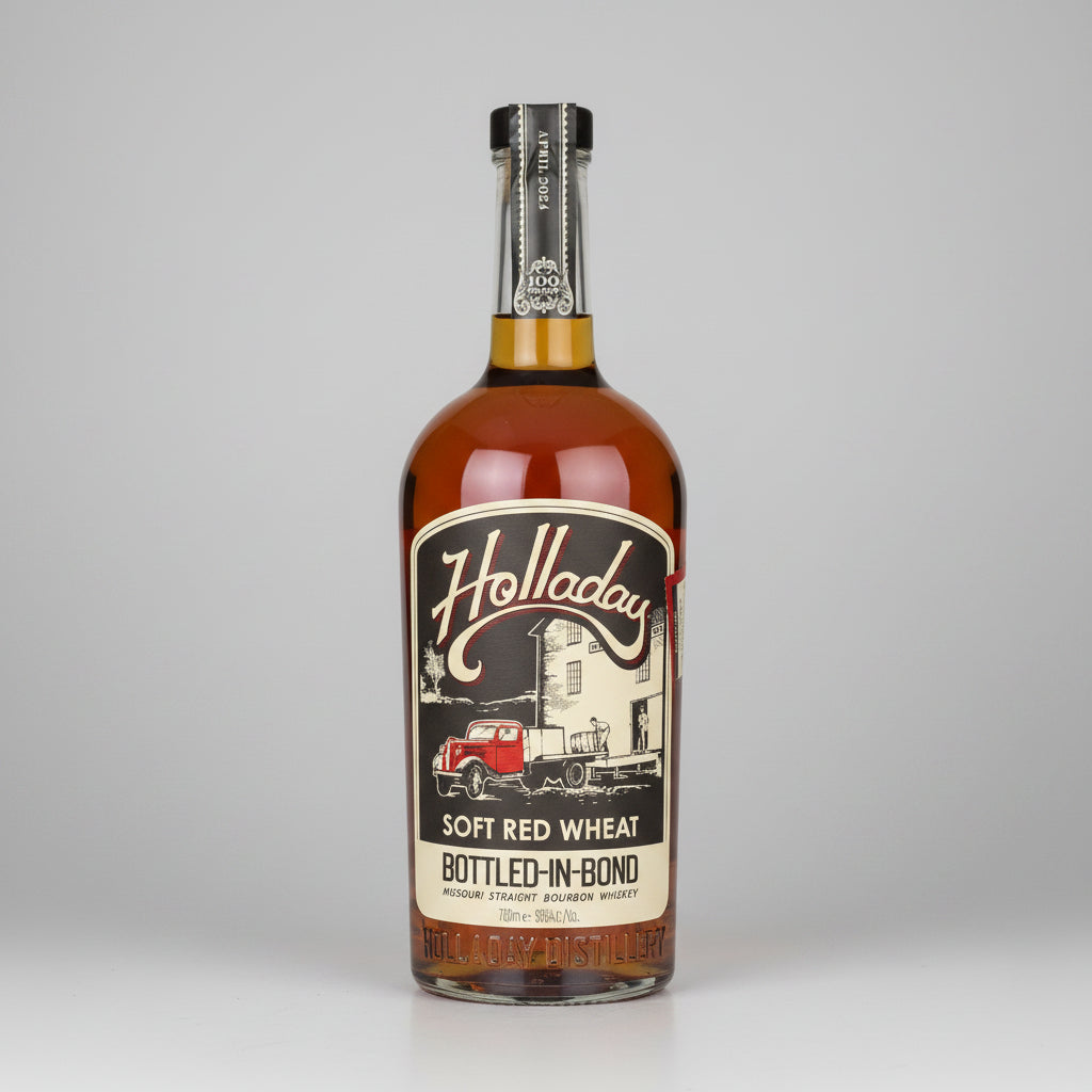 A bottle of Holladay Soft Red Wheat Bottled-In-Bond bourbon whiskey on a white background with a subtle reflection.