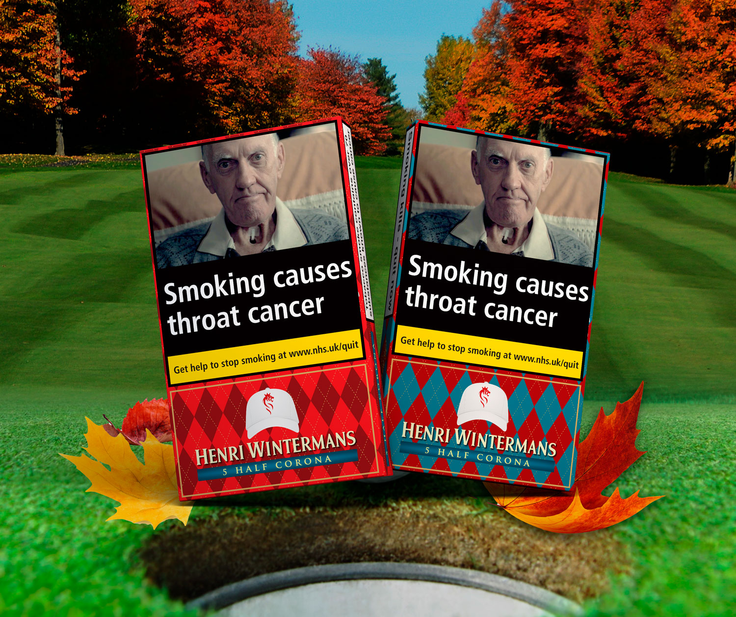 Two packs of Henri Wintermans cigarettes with a man's face on the packaging, set against a golf course background.