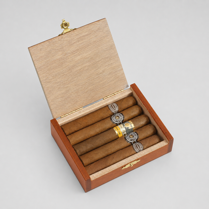 An open wooden cigar box with six cigars inside, photographed on a clean light gray studio background. The box has a warm medium-brown wood exterior, a lighter natural wood interior, and small gold-tone metal hardware.