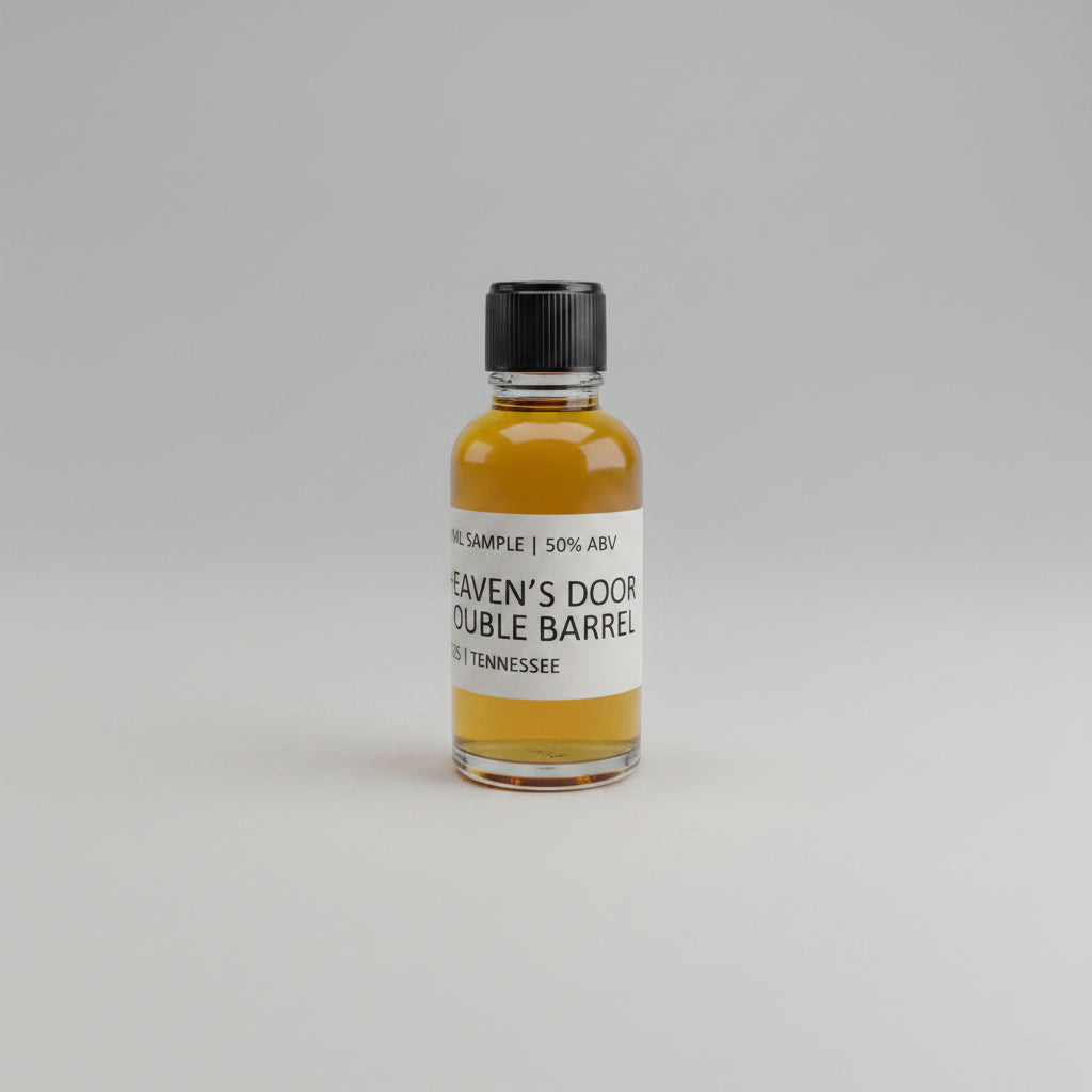 Small bottle of Heaven's door double barrel whiskey on a white background