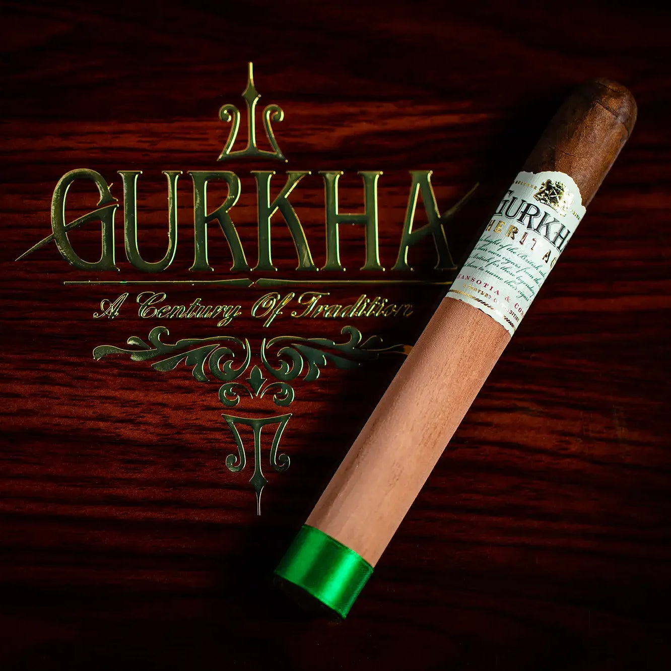 Gurkha cigar on a wooden surface with the brand logo.