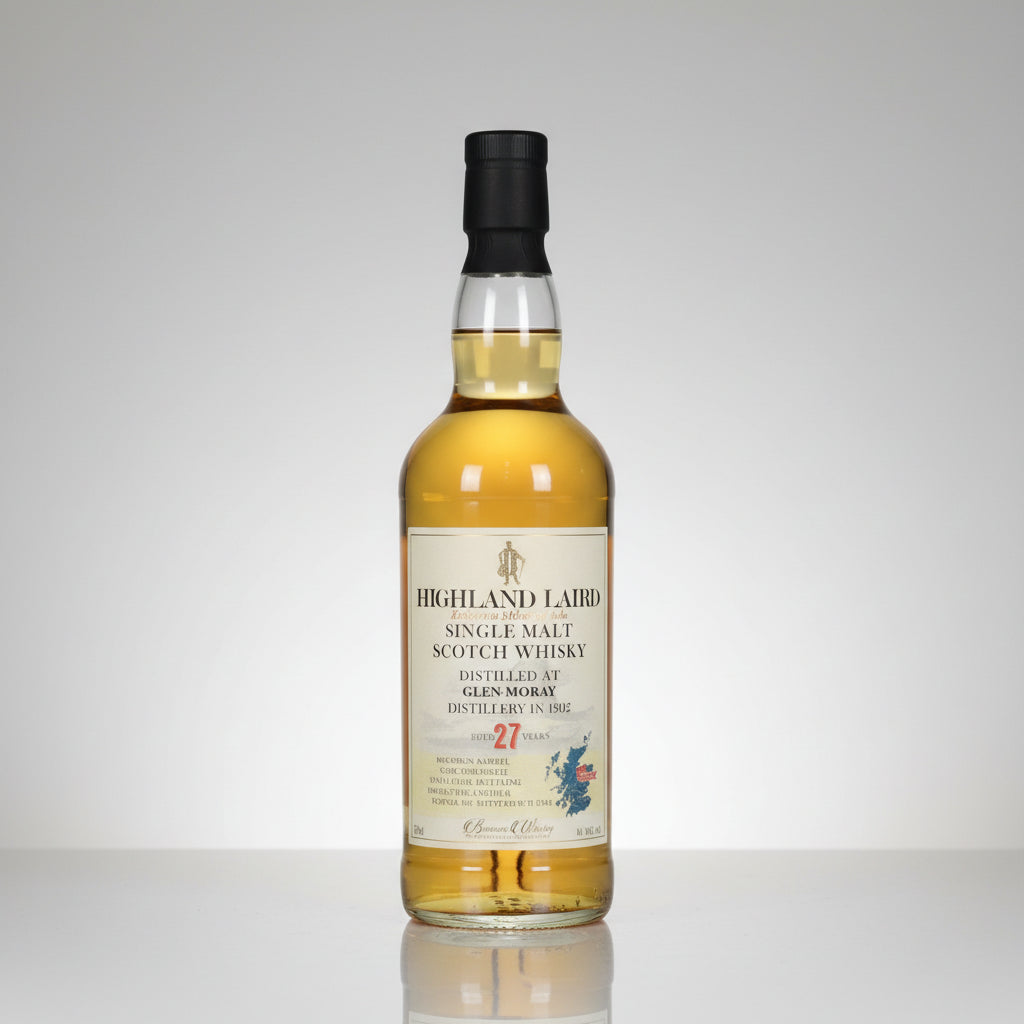 A bottle of Highland Laird Single Malt Scotch Whisky, 27 Years Old, showing the golden whisky inside, with a cream-colored label and a black cap, set against a plain white background.