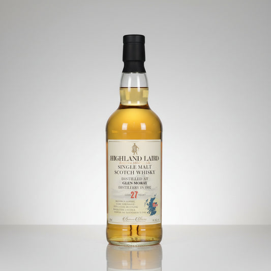 A bottle of Highland Laird Single Malt Scotch Whisky, 27 Years Old, showing the golden whisky inside, with a cream-colored label and a black cap, set against a plain white background.