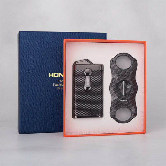Carbon fiber style cigar cutter and and jet lighter with "honest" branding on a white background