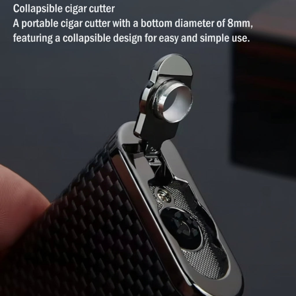 Collapsible cigar cutter with text describing its features