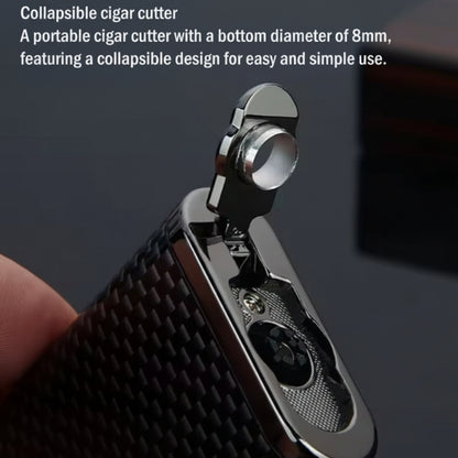 Collapsible cigar cutter with text describing its features