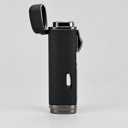 A black textured leather pocket lighter with a silver metal base and open hinged lid, shown on a light gray background.