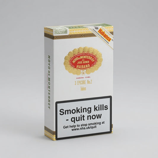 A pack of Habanos Hoyo Epicure No.2 Tubo cigar boxes on a light gray background. The packaging is primarily white with gold accents, a red and gold logo, and a prominent black warning label on the front that reads 'Smoking kills - quit now'.