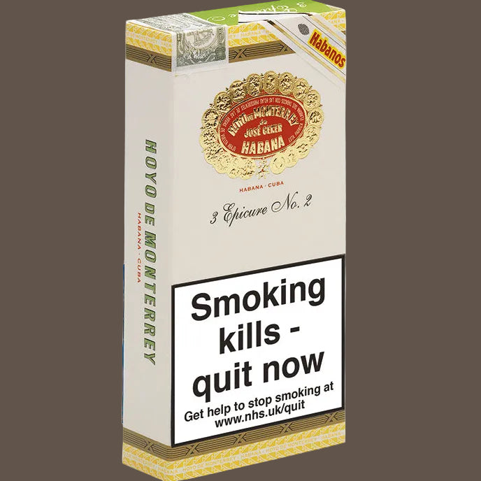 Cigar pack with branding and warning label on a white background